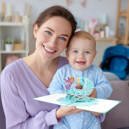 GREETING ART Welcome New Baby Boy Card, Baby Shower Card for Boy, New Baby Stroller Congratulations Cards - color: Baby Stroller Blue