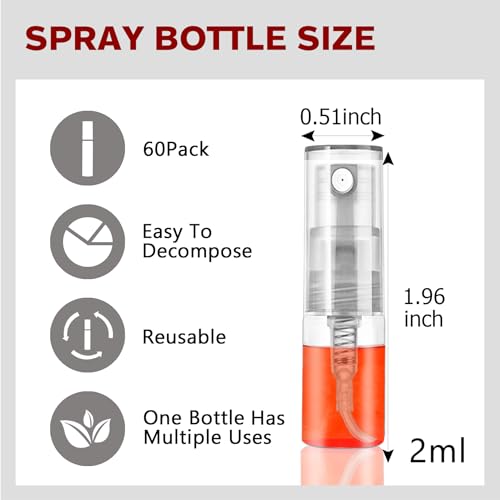 Mini Spray Bottle 2ml, Refillable Glass Spray Bottle, Glass Bottle Atomizer, Perfume Mouthwash Atomizer for Cleaning Refillable Container for Travel, Essential Oils, Perfume 60 Pcs, 2ml - size: 60PCS,2ML