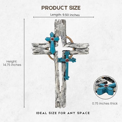 Layered Faux Driftwood Cutout Wall Cross - Resin Rustic Turquoise Crucifix