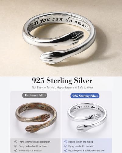 LOVECOM S925 Sterling Silver Hug Rings for Women Teen Girls Mother Daughter - color: Beautiful girl you can do amazing things, size: US Size 6