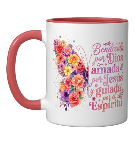 Bendecida Por Dios Amada Por Jesus Christian Spanish Floral Ceramic Mug, Red/White - color: Red/White, size: 11 Ounces