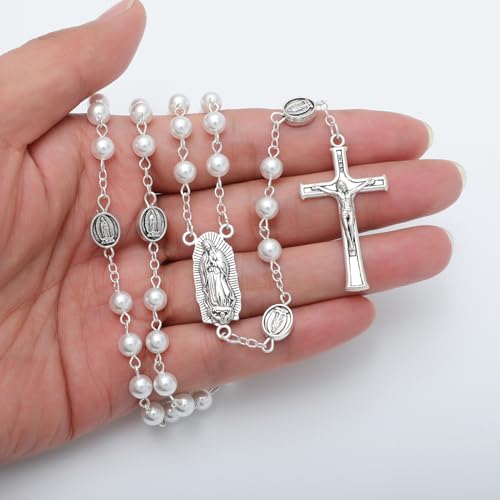 KOMI 6mm Glass Pearl Rosary Beads Catholic for Women with Metal Rosary Box Religious Gifts - style: Guadalupe-white