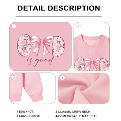KEEVICI God Is Good Christian Sweatshirts for Women Bow Jesus Cute Bible Verse Sweatshirt Faith Religious Graphic Hoodies - color: Pink, size: Small