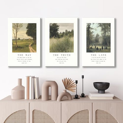 Christian Canvas Wall Art, Religious Scripture The Way The Truth The Life Poster, Set of 3 Bible Verses Print, Biblical Landscape Picture, Modern Spiritual Painting for Prayer 8x12in Wrapped Canvas - color: Set 2-Wrapped, size: 8L" x 12W"