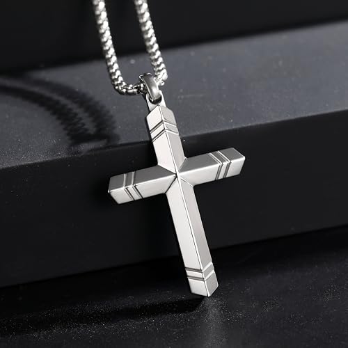 Stainless Steel Cross Necklace for Men with Adjustable Box Chain Christian Cross neckalce Gift - color: Silver-A