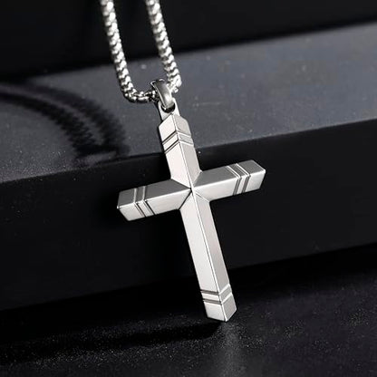 Stainless Steel Cross Necklace for Men with Adjustable Box Chain Christian Cross neckalce Gift - color: Silver-A