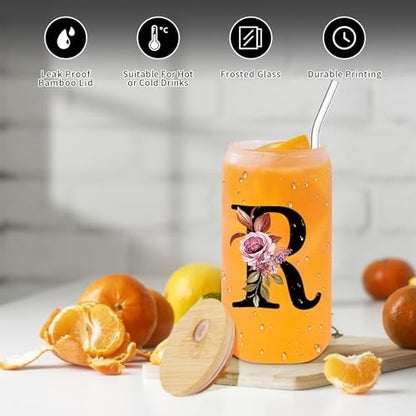 Monogrammed Glass Drinking Cup With Lid Straw Women Happy Birthday Christmas Xmas Day Holiday for Female Boss Teacher Aunt Big Gift Small Sister in Law Mother Stepmother Weding Groom Bride Officiant,R - style: Letter R