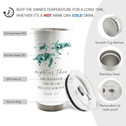 Christian Sea Turtle 20oz Travel Coffee Mug Tumbler, Christian Gifts for Women, Sea Turtle Gifts, Marine Biology Ocean Bible Verse Religious Stainless Steel Tumbler with Lid and Straw - color: mighies