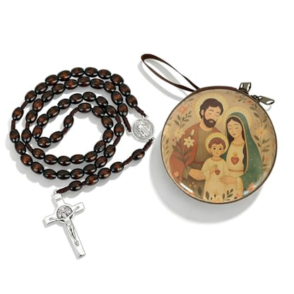 Wooden Catholic Rosary Beads, Rosarios Catolicos with Decorative Prayer Box - color: Brown (12)