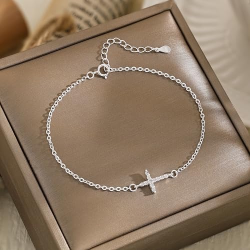 Moodear Cross Bracelet for Women, Dainty Sterling Silver/Gold Plated Gift - color: Sterling Silver CZ Cross Bracelet