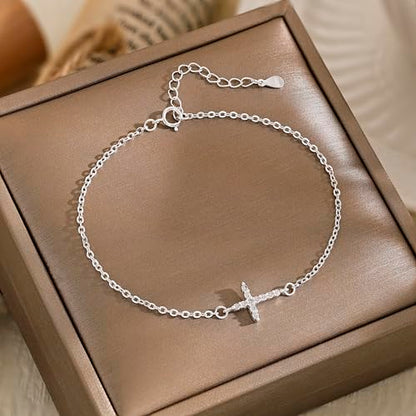 Moodear Cross Bracelet for Women, Dainty Sterling Silver/Gold Plated Gift - color: Sterling Silver CZ Cross Bracelet