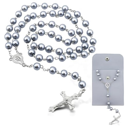 Rosary Beads for Women - Catholic Rosary Beads with Cross, Pink Crystal Rosary Necklace with Velvet Pouch, Religious Gifts for Women - color: Silvery gray