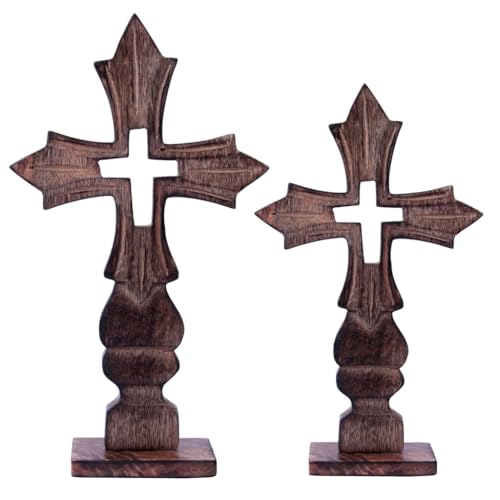 ZYNTIX Antique Mango Wood Wall Cross - Christian Wall Art Decor for Home, Religious Hanging Ornament, Handcrafted Decorative Piece for Living Room, Bedroom, or Office Set of 2 Small and Big