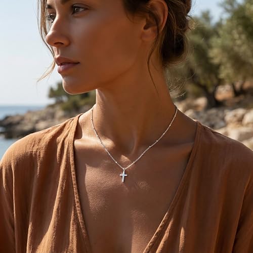 925 Sterling Silver & 18K Gold Cross Necklace, 1.5mm Bead Chain - color: Silver
