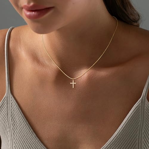 Cross Necklace For Women,14K Gold Plated Small Dainty Colorful Beaded Cubic Zirconia Diamond Double Layered Cross Pendant Choker Necklaces For Women,Christian Easter Religious Jewelry Gifts - style: Box Chain Small CZ Cross-Gold
