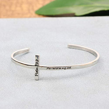 Memgift 𝐂𝐫𝐨𝐬𝐬 𝐁𝐫𝐚𝐜𝐞𝐥𝐞𝐭 Religious Cuff Bangle 𝐁𝐢𝐛𝐥𝐞 𝐕𝐞𝐫𝐬𝐞 Christian Gifts Jewelry for 𝐖𝐨𝐦𝐞𝐧 - style: Silver cuff-Her restores my soul -Psalm 23:3