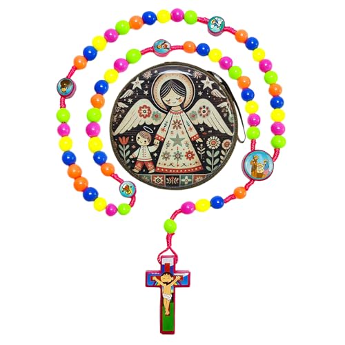 Rosary Beads Rosarios Catolicos, Colorful Plastic with Blue and Red Pendant Crosses, Pocket for Women with Rosary Box, Baptism Easter Gifts - color: Pink, style: I