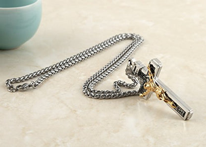HZMAN Catholic Jesus Christ INRI Cross Crucifix Pendant Necklace for Men - color: Silver & Gold