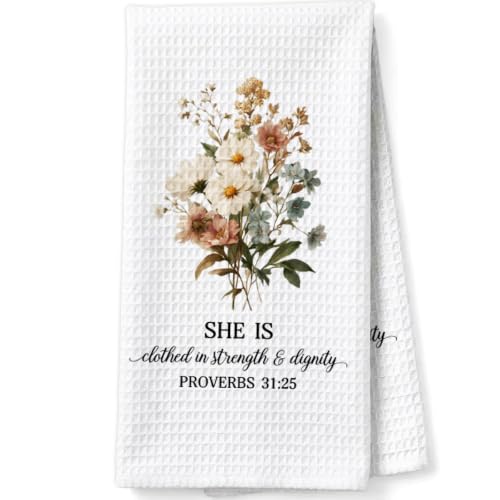 Christian Scripture Gifts Decorative Towels for Women Hostess Faith Prayer, Bible Verse Gifts Waffle Weave Kitchen Towels, She is Clothed in Strength & Dignity Proverbs 31:25 - color: Green