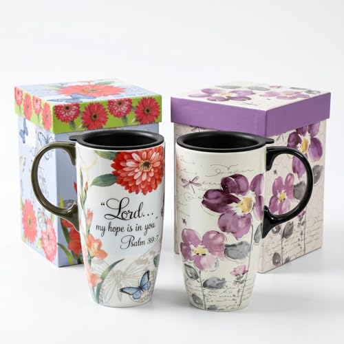 Topadorn 17oz Ceramic Travel Mugs Set of 2, Floral Coffee Mugs with Lids - color: Butterfly&flower