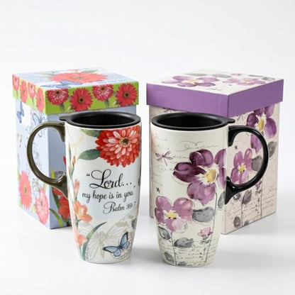 Topadorn 17oz Ceramic Travel Mugs Set of 2, Floral Coffee Mugs with Lids - color: Butterfly&flower