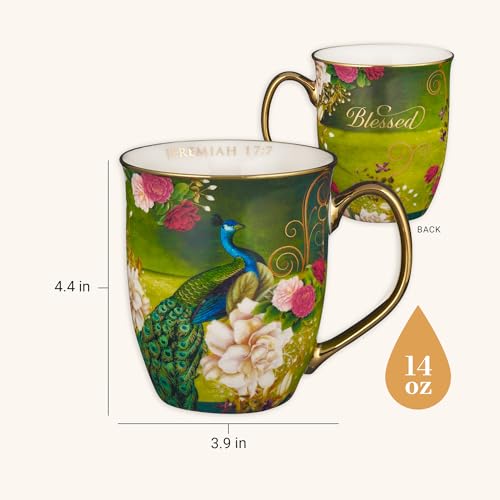 Christian Art Gifts Blue Peacock Ceramic Coffee Mug, Blessed, 14 oz. - color: Green/Blessed