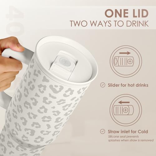 SANDJEST Leopard Tumbler with Handle, Insulated Cup Stainless Steel Travel Mug Cup, Gifts for Women Girl on Birthday Christmas, Cream Leopard, 40oz - color: Cream Leopard