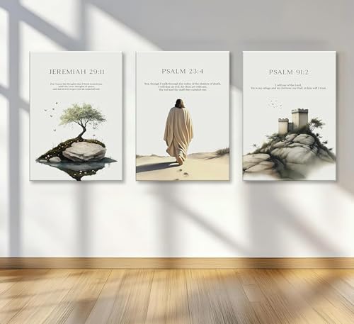 3pcs Framed Bible Verse Jesus Canvas Wall Art Earthy Beige Gray Green - color: Colorful, size: 12x16 Framed
