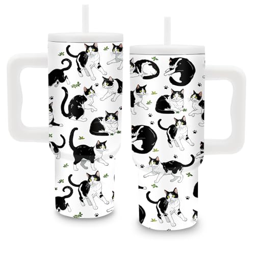 24oz Cat Tumbler with Handle & Straw, Gifts For Tuxedo Cat Lovers - color: Cat6