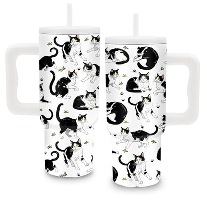 24oz Cat Tumbler with Handle & Straw, Gifts For Tuxedo Cat Lovers - color: Cat6
