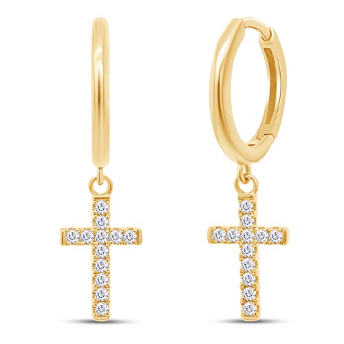 Religious Cross Dangle Drop Earrings Women Sterling Silver 0.20 CT (1/5 Ct) - color: Yellow Gold Over Silver