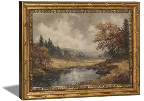 Vintage Gold Framed Wall Art Moody Nature Landscape - Forest Creek Oil Painting Canvas Art, Serene Countryside River Scenery Picture Wall Decor, Living Room Entryway Gift, 9x11in - color: rivers, size: 11"L x 9"W