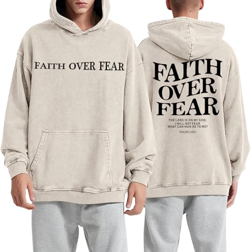 Christian Faith Over Fear Hoodies for Men Jesus Religious Graphic Sweatshirt Bible Verse Acid Wash Pullover Hoodie - color: Apricot, size: Large