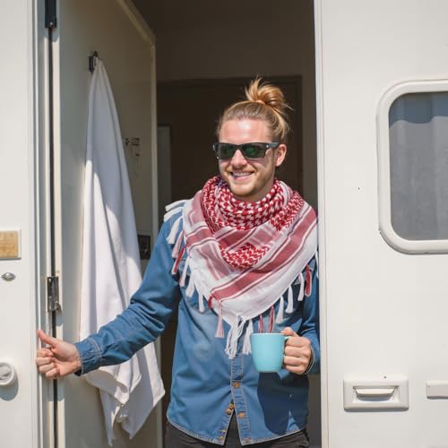 Aonal Military Shemagh Tactical Desert Scarf, Keffiyeh Scarf for Men - color: Mix Red & White