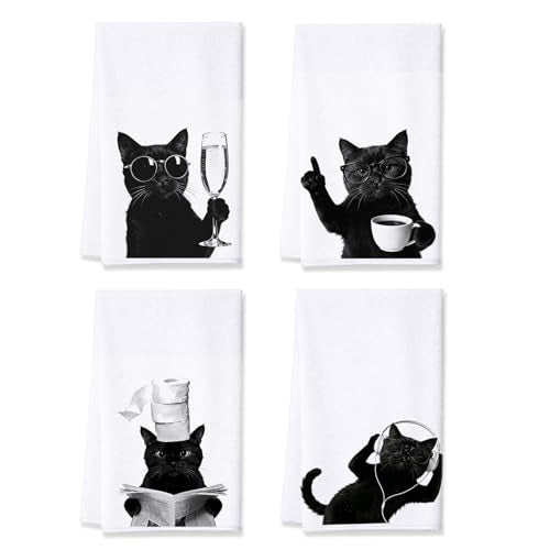 Black Cat Kitchen Towels Set of 4, Funny Cat Dish Towels - color: Black Funny Cat
