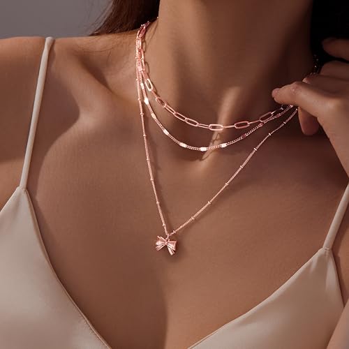 Poxtex Layered Gold Necklaces for Women, Stackable Dainty 14K Gold Silver Plated Trendy Simple Heart Diamond Cross Bow Circle Pendant Paperclip Choker Dot Chain Necklace,Jewelry Set Gifts for Women - color: Rose Gold, style: Bow1