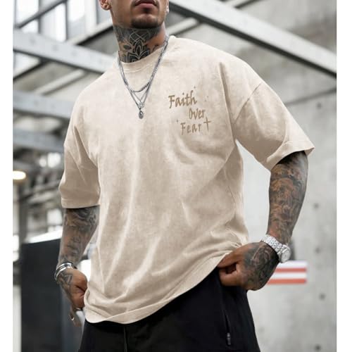 Christian Shirts for Men Faith Over Fear Acid Wash Tshirts Faith Religious Tees God Bible Verse Inspirational Tops - color: Apricot, size: Large
