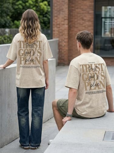 Eatbook Christian Shirts for Men Women Jesus Faith Oversized Acid Wash Tops - color: Apricot Trust God's Plan, size: Medium