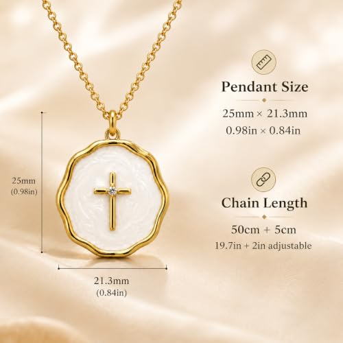 Enamel Cross Necklace for Women 18K Gold Plated Christian Pendant - color: White-Gold