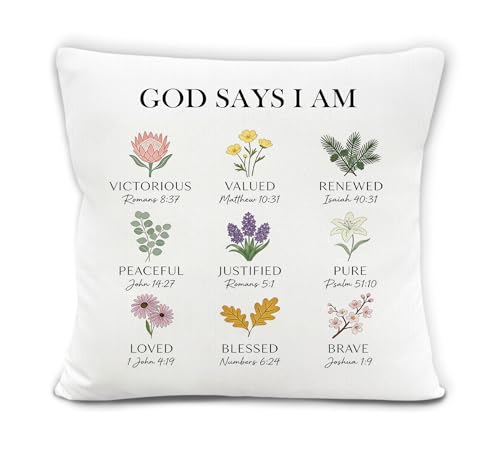 Inspirational Christian Floral Pillow Cover 18x18,God Says I Am Religious Bible Verse Decorative Throw Pillow Covers Pillowcases for Home Bedroom Living Room Couch Decor - color: God-1