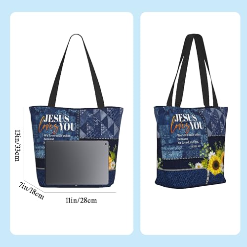 Christian Gifts Reusable Shopping Tote Bag Zippered Inspirational Tote Bags for Women Bible Verse Shoulder Bag - color: Jesus Loves You