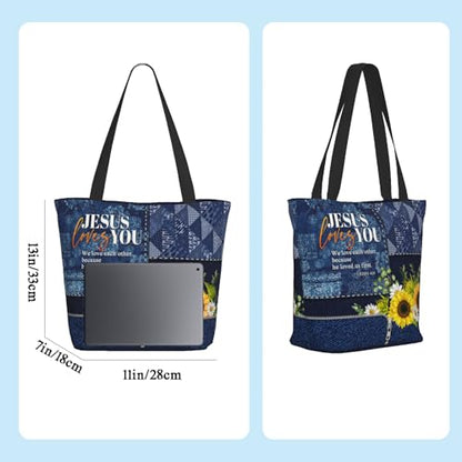 Christian Gifts Reusable Shopping Tote Bag Zippered Inspirational Tote Bags for Women Bible Verse Shoulder Bag - color: Jesus Loves You