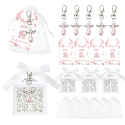 DELICAT 30 Set Baptism Party Favors for Guests with Angel Keychain Cross Gift Box Thank You Tag Organza Bag Mi Bautizo Decoration for Girl Baby Shower