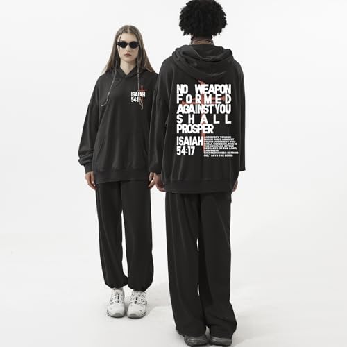 Christian Hoodies Men Jesus No Weapon Formed Against You Sweatshirts Faith God Oversized Acid Wash Graphic Pullover - color: Black, size: XX-Large