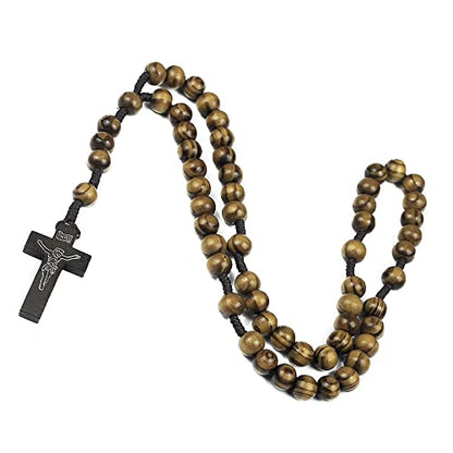 COLORFUL BLING Natural Wooden Catholic Rosaries Wood Crucifix Prayer Beads Pendant Necklace Prayer Jesus Religious Cross Rosary Necklace Handmade Jewelry - color: dark textured