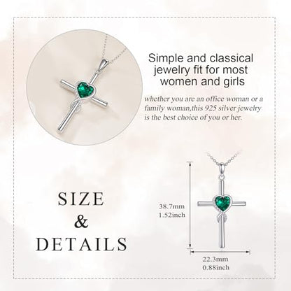 S925 Sterling Silver Cross Necklace for Women Birthstone Necklace Heart Infinity Cross Pendant Necklace Christmas Valentines Day Gifts Birthday Holiday Gifts for Her, 18"+2" Inches - color: 05-May Birthstone - Emerald