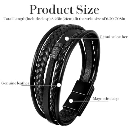 Grevosea Men's Braided Bracelet, Adjustable Brown Knot Mens Leather Multi-strand Bracelet Gift for Husband Boyfriend - color: Black