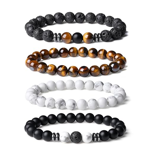 Mens Beaded Bracelets, 8MM Beaded Bracelets for Men, Natural Tiger Eye Bead Bracelet, Stretch Elastic Beads Bracelets for Men - color: 4 volcanic yellow white black