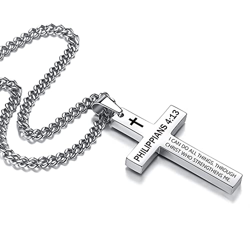 REVEMCN Black & Silver Bible Verse Cross Necklace for Men Boys 20-24" Chain - color: Philippians 4:13 - Silver