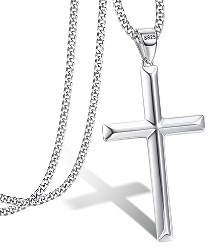 MILACOLATO Solid S925 Sterling Silver Cross Necklace for Men Women | 2mm Durable Sterling Silver Cuban Link Curb Chain Cross Pendant Necklace | Crucifix Cross Pendant Necklace Jewelry 16-24 Inches - style: 14 Inches Chain + 2 Inches Necklace Extender